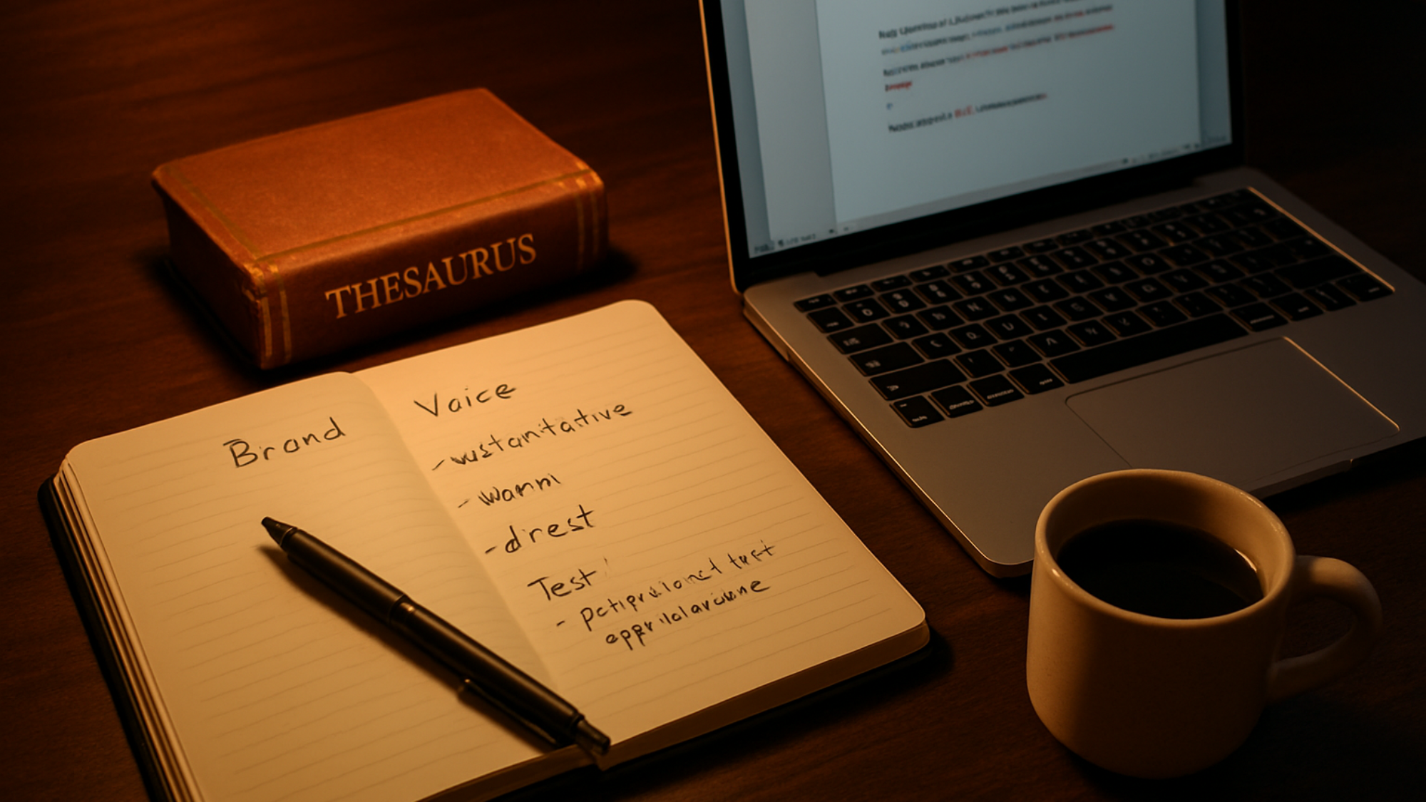 A copywriter's notebook with handwritten brand voice adjectives beside a laptop showing a document being edited with track changes and a thesaurus on a dark wood desk.
