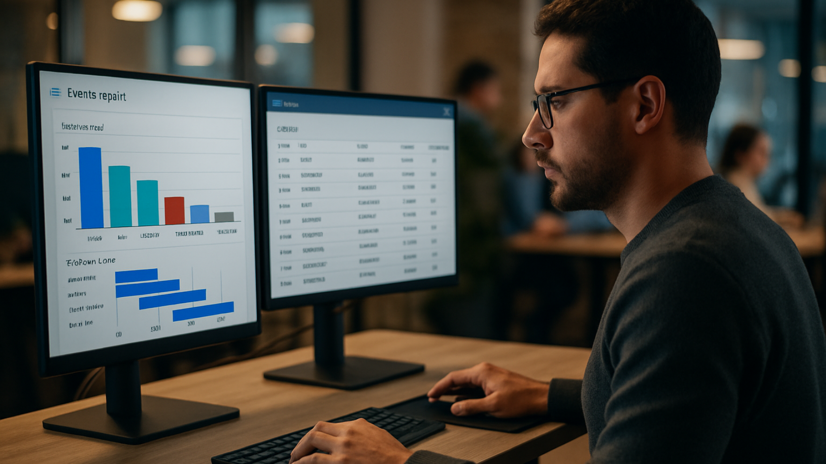 A marketing analyst reviewing GA4 lead quality and conversion funnel reports on two monitors in a modern office.
