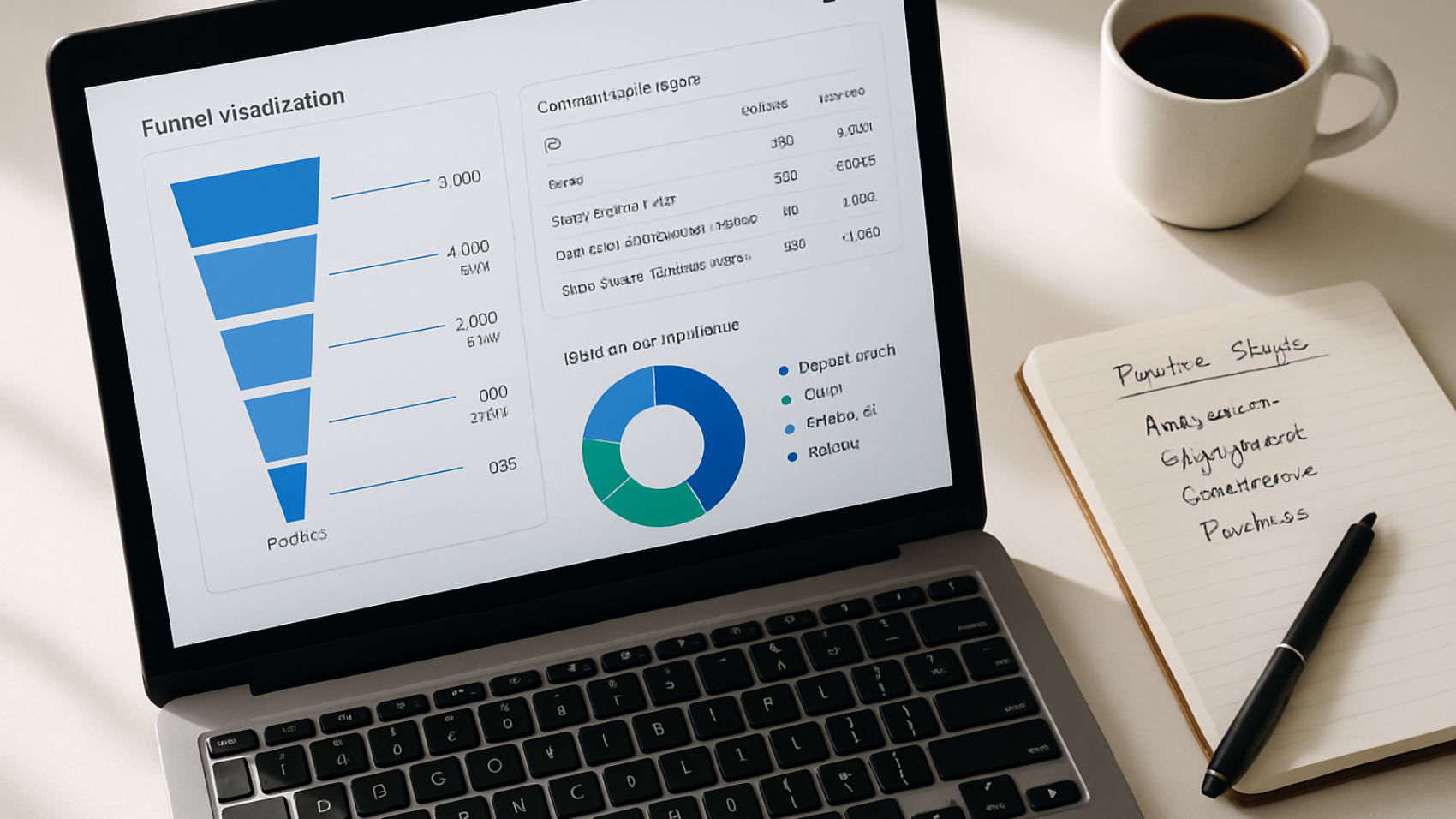 Laptop screen showing a Google Analytics 4 funnel and traffic source dashboard beside a notebook with pipeline notes on a white desk.