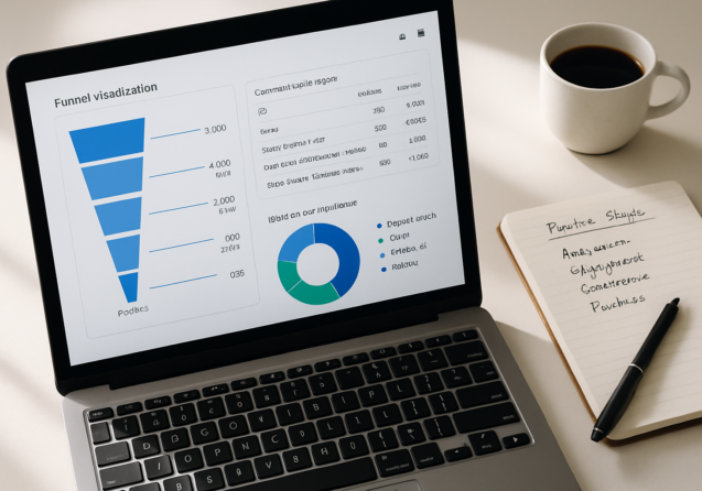 Laptop screen showing a Google Analytics 4 funnel and traffic source dashboard beside a notebook with pipeline notes on a white desk.