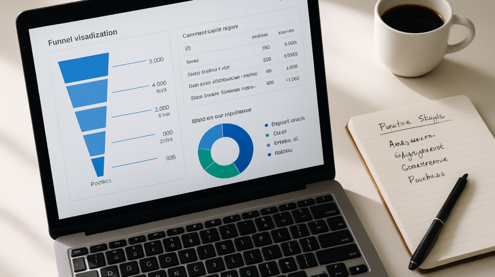 Laptop screen showing a Google Analytics 4 funnel and traffic source dashboard beside a notebook with pipeline notes on a white desk.
