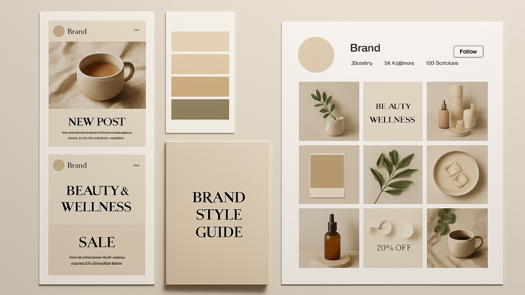 Printed social media post mockups and a profile grid showing consistent colour palette and typography beside a brand style guide booklet on a desk.